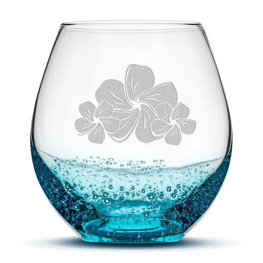 Bubble Wine Glass, 3 Plumerias, Laser Etched or Hand Etched, 18oz