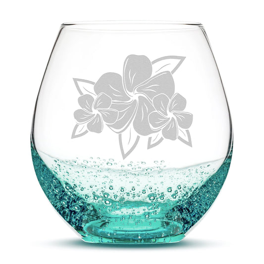Bubble Wine Glass, 3 Plumerias with Leaves, Laser Etched or Hand Etched, 18oz