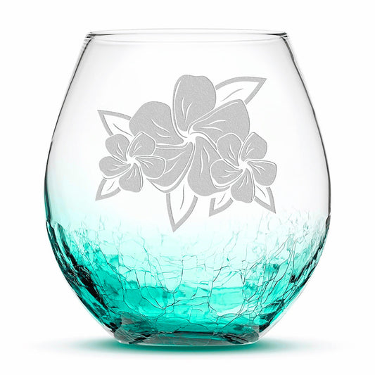 Crackle Wine Glass, 3 Plumerias with Leaves, Laser Etched or Hand Etched, 18oz
