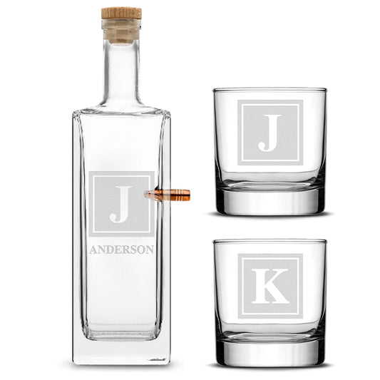 Customizable Monogram .50 Cal Liberty Bullet Bottle with Set of 2 Custom Whiskey Glasses, Laser Etched or Hand Etched