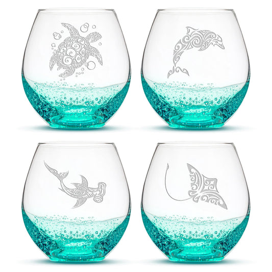 Bubble Wine Glasses with Tribal Sea Animals, Set of 4, One of Each