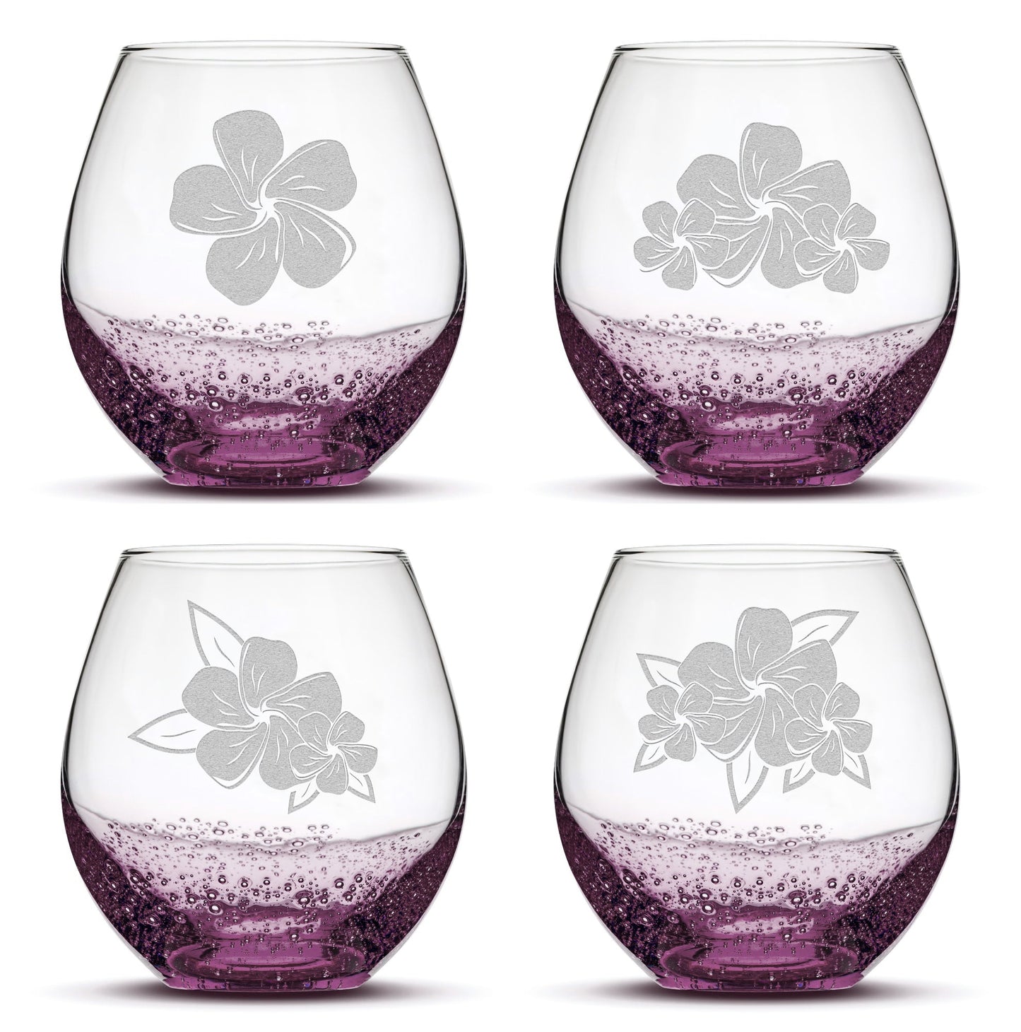 Bubble Stemless Wine Glasses, Plumeria, Set of 4, Laser Etched or Hand Etched