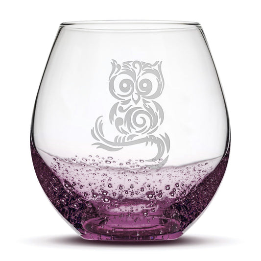 Bubble Wine Glass, Tribal Owl Design, Laser Etched or Hand Etched, 18oz