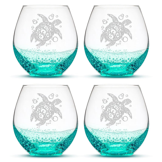 Bubble Wine Glass with Tribal Sea Turtle Design, Set of 4, Laser Etched or Hand Etched