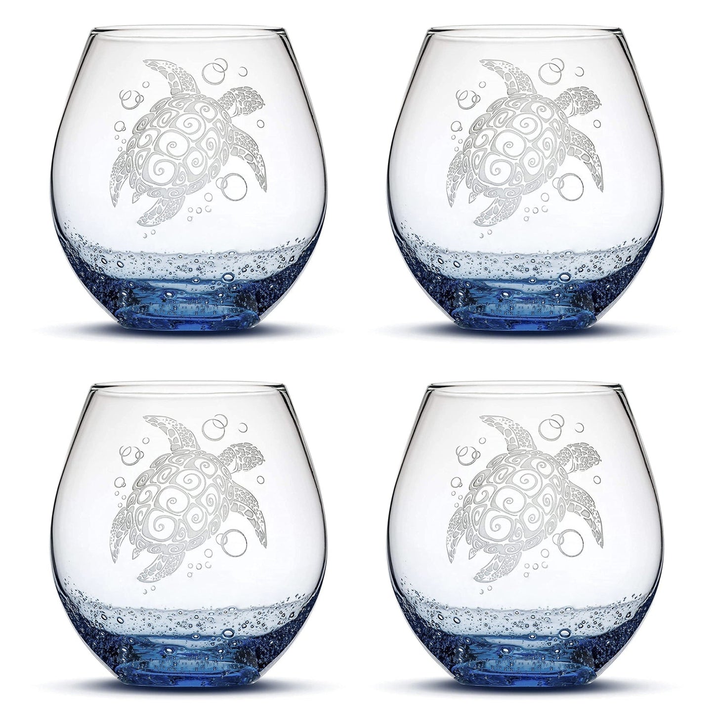 Bubble Wine Glass with Tribal Sea Turtle Design, Set of 4, Laser Etched or Hand Etched