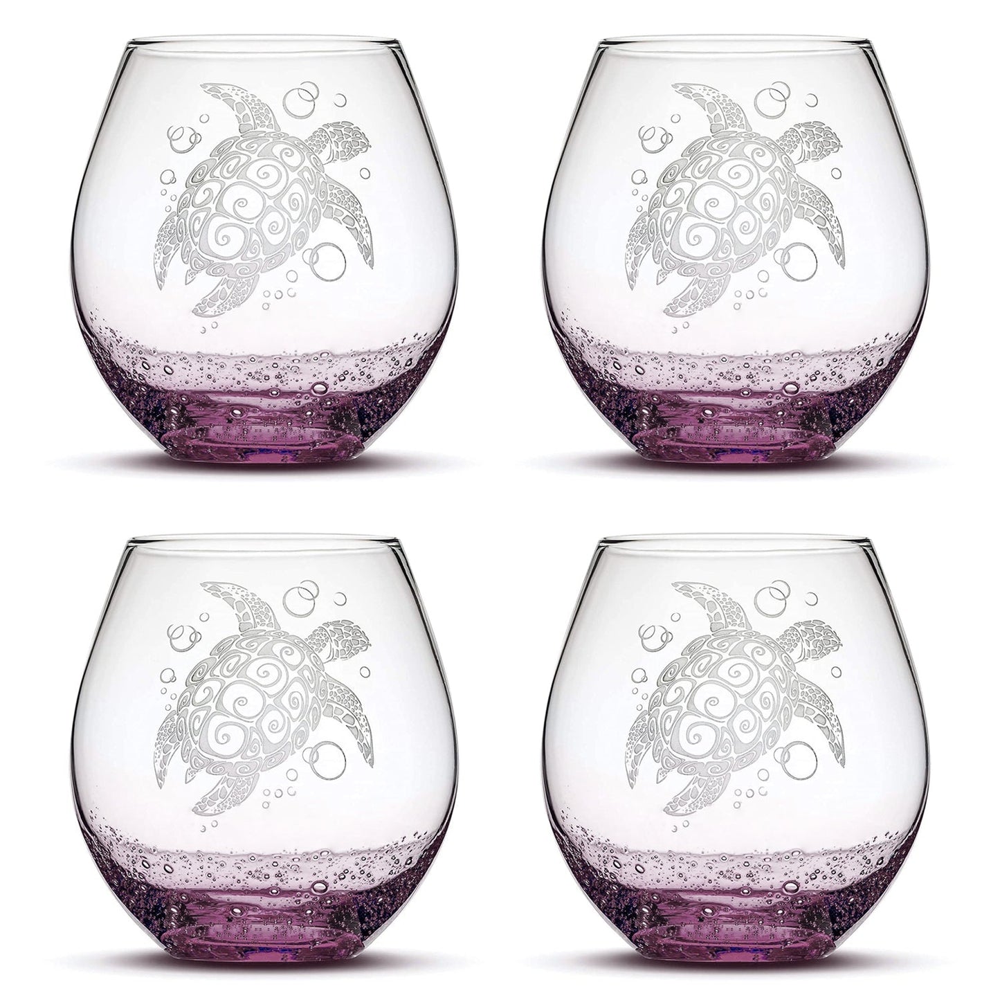 Bubble Wine Glass with Tribal Sea Turtle Design, Set of 4, Laser Etched or Hand Etched