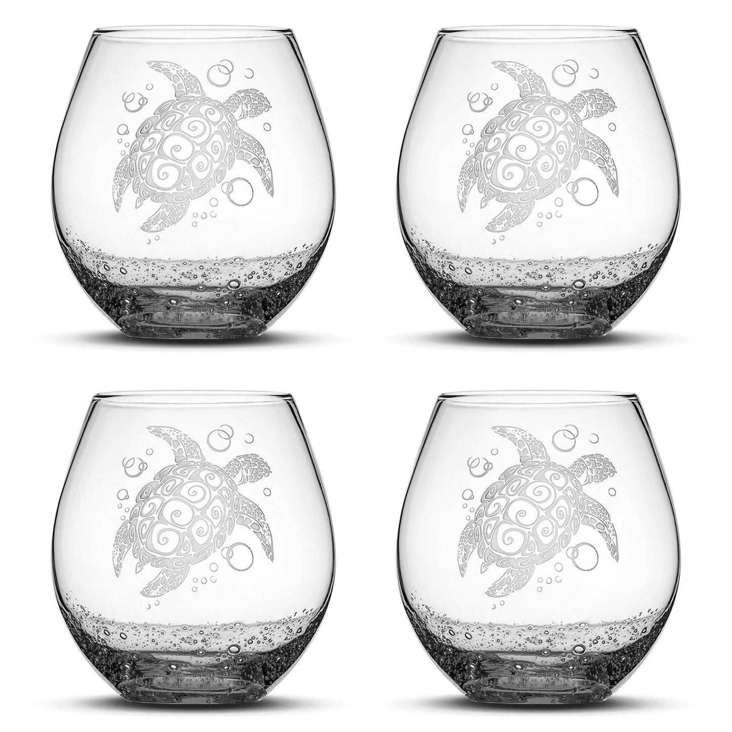 Bubble Wine Glass with Tribal Sea Turtle Design, Set of 4, Laser Etched or Hand Etched