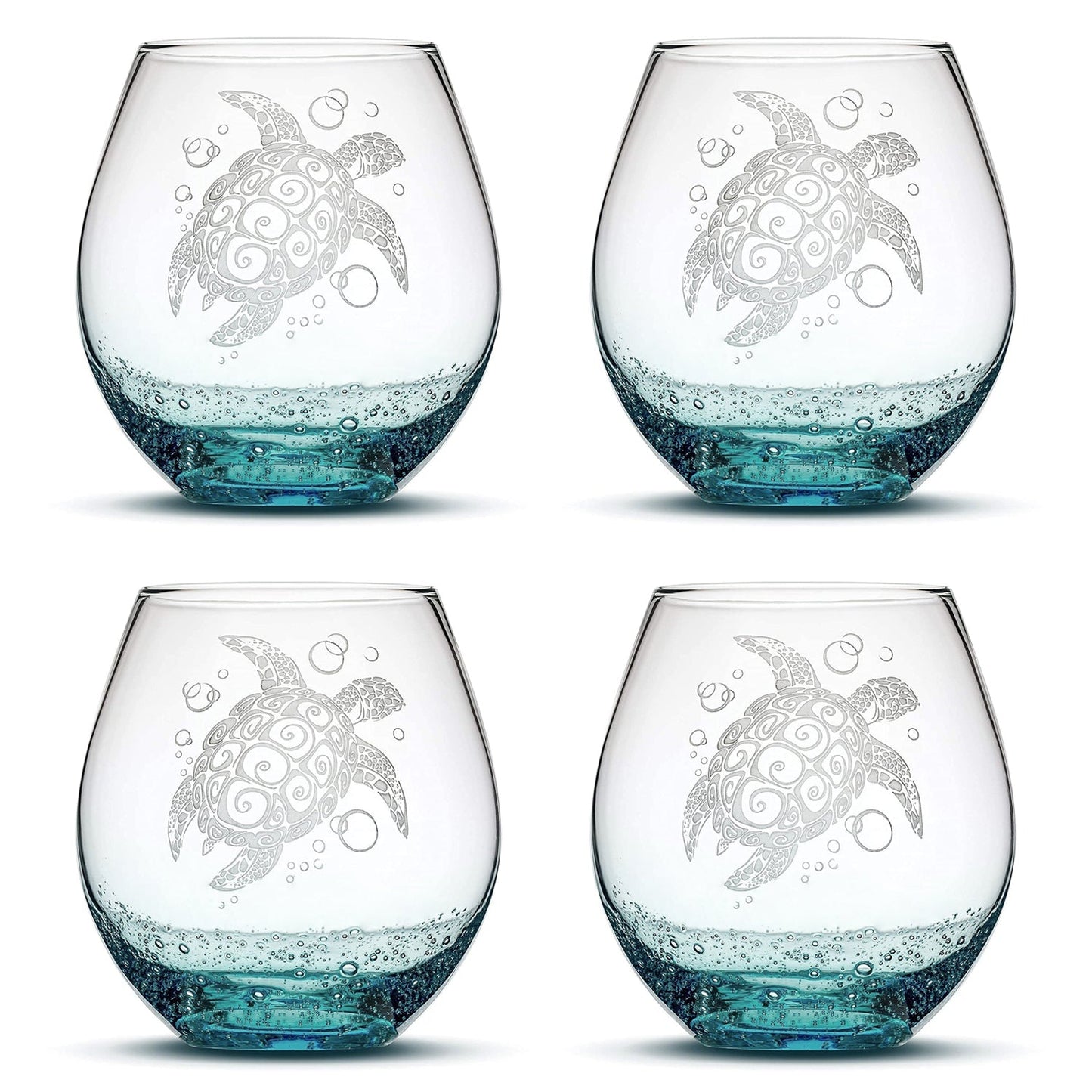Bubble Wine Glass with Tribal Sea Turtle Design, Set of 4, Laser Etched or Hand Etched