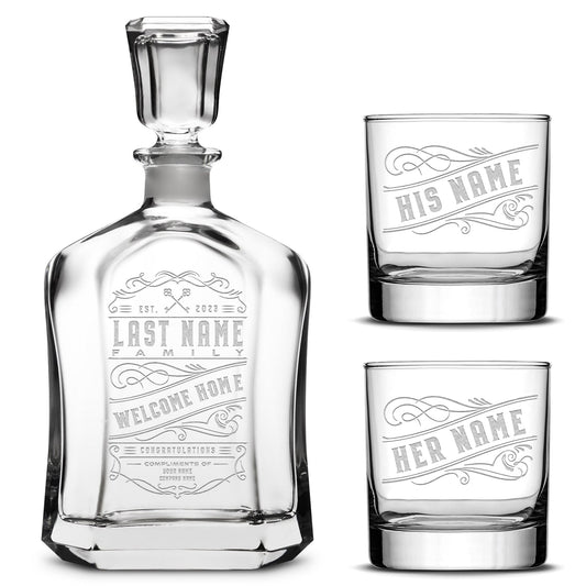 Customizable Welcome Home Capitol Decanter with Set of 2 Custom Whiskey Glasses, Olsen, 750ml, Laser Etched or Hand Etched