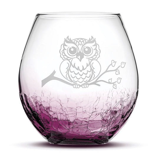 Crackle Wine Glass, Resting Owl Design, Laser Etched or Hand Etched, 18oz