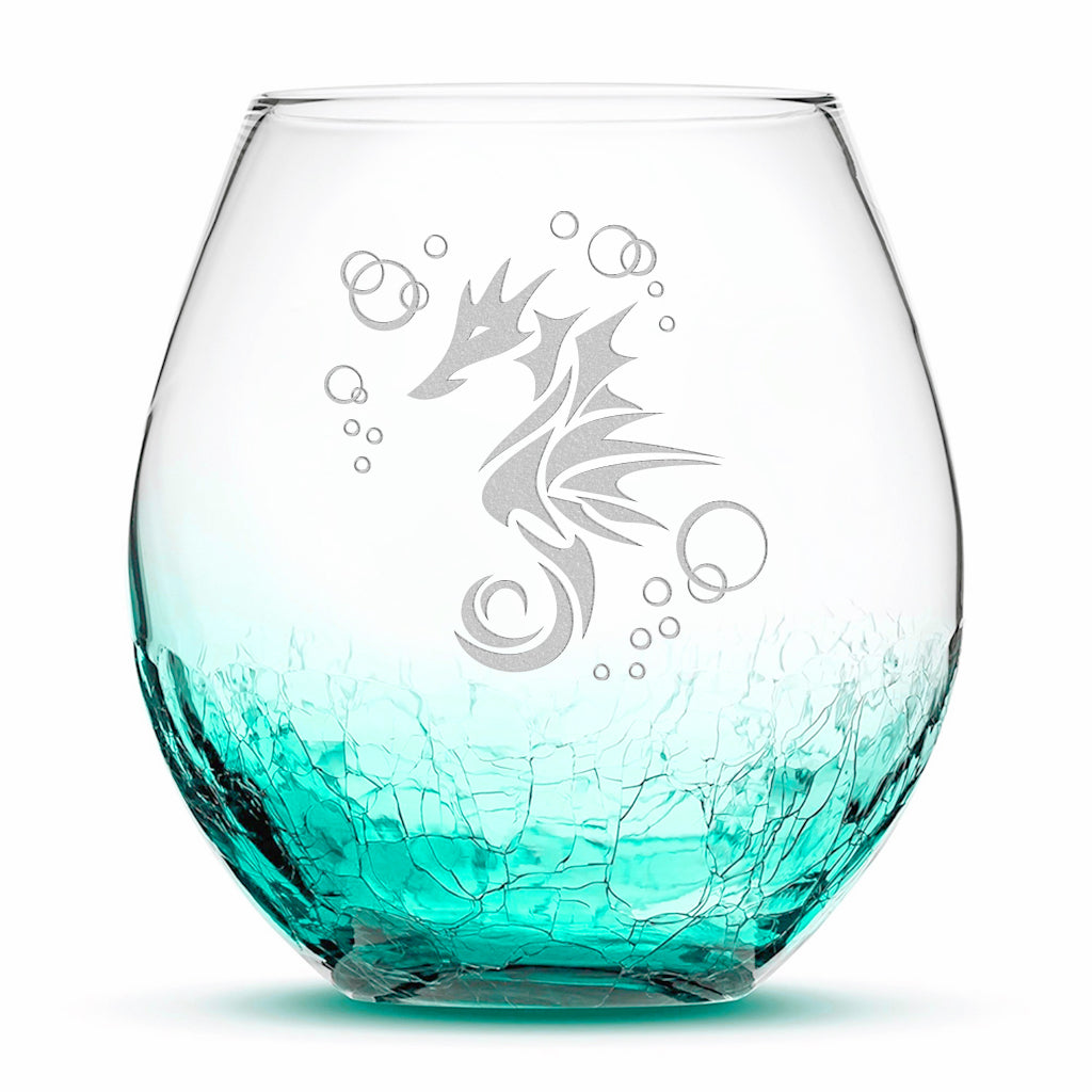 Crackle Wine Glass, Seahorse Design, Laser Etched or Hand Etched, 18oz