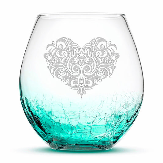 Crackle Wine Glass, Tribal Heart Design, Laser Etched or Hand Etched, 18oz