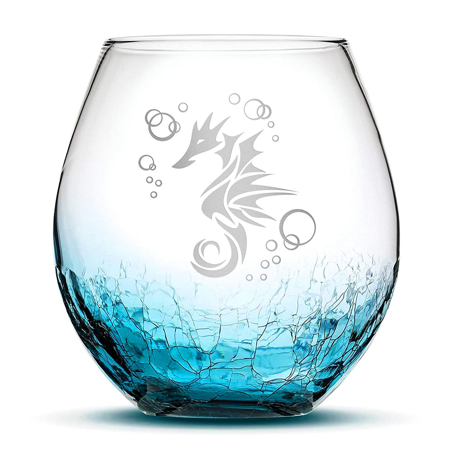 Crackle Wine Glass, Seahorse Design, Laser Etched or Hand Etched, 18oz