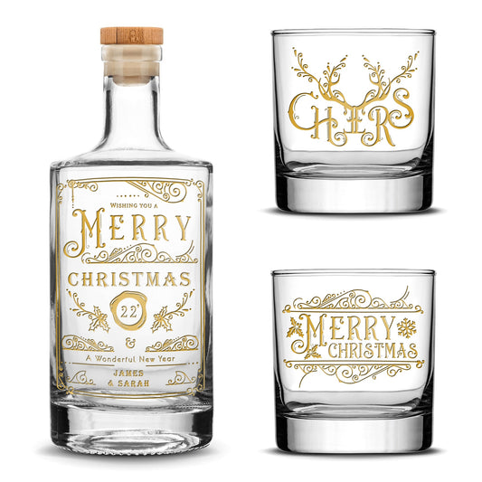 Customizable Christmas Jersey Bottle Set with 2 Christmas Whiskey Glasses, Laser Etched or Hand Etched