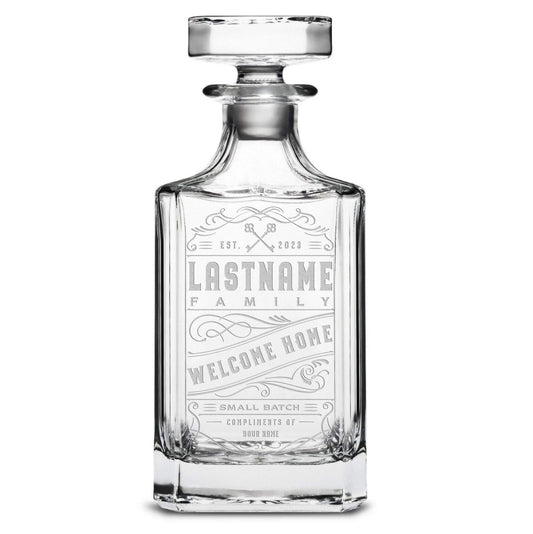 Customizable Welcome Home, Premium Refillable Diamond Style Liquor Decanter, Handmade, Handblown, Hand Etched Gifts, Sand Carved, 750ml, Laser Etched or Hand Etched
