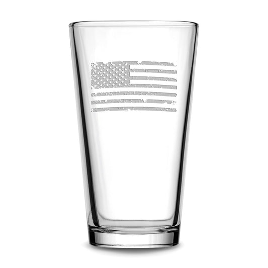 Horizontal Distressed American Flag Pint Glass, 16oz, Laser Etched or Hand Etched