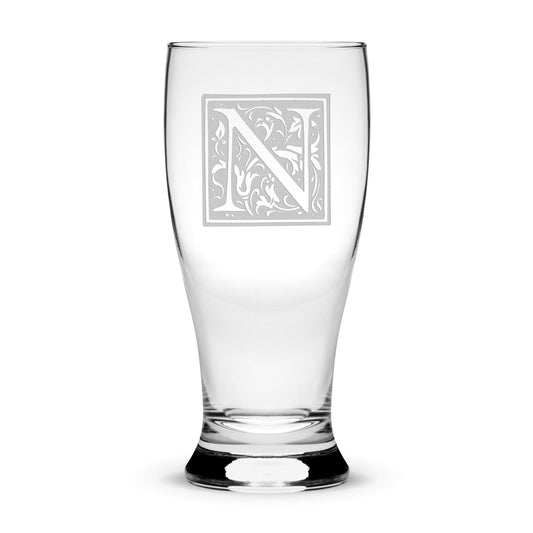 Customizable Floral Monogram, Premium Pilsner Beer Glass, Handmade, Handblown, Laser Etched or Hand Etched Gifts, Sand Carved, 16oz