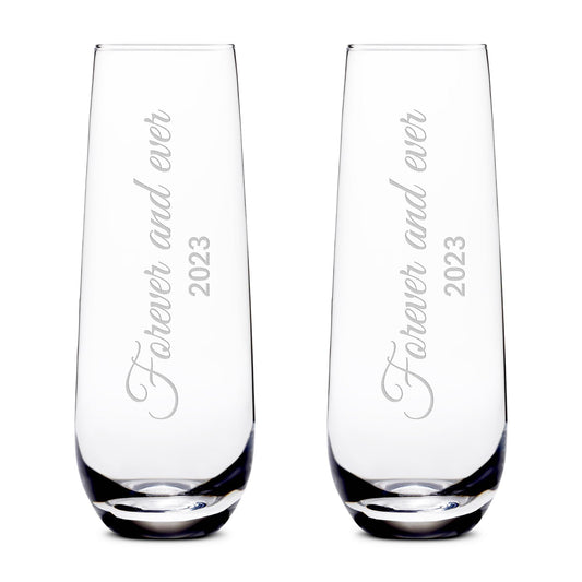 Customizable Forever and Ever, (Set of 2) Stemless Champagne Glasses, Handblown, Hand Etched Gifts, Sand Carved, 10oz