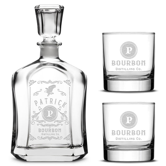 Customizable, Premium Capital Style Liquor Decanter and (Set of 2) Premium Whiskey Glasses, Handmade, Handblown, Hand Etched Gifts, Sand Carved, 750ml, Laser Etched or Hand Etched