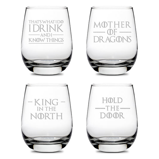 Premium Wine Glasses, Game of Thrones, I Drink and I Know Things, Mother of Dragons, King in the North, Hold the Door (Set of 4), Laser Etched or Hand Etched