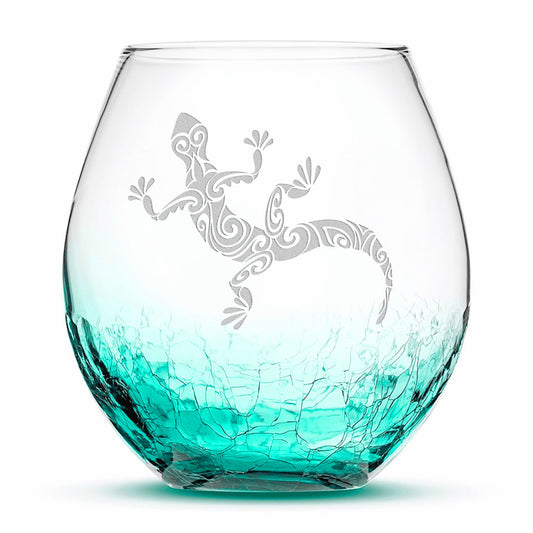 Crackle Wine Glass, Gecko Design, Laser Etched or Hand Etched, 18oz
