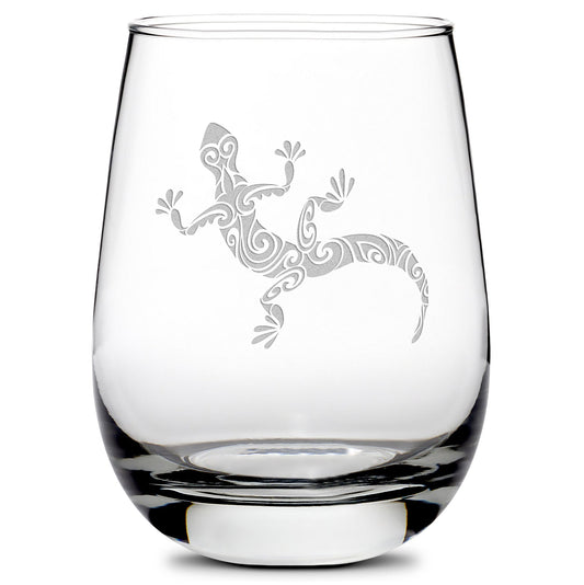 Premium Wine Glass, Gecko Design, 16oz, Laser Etched or Hand Etched