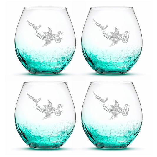 Crackle Wine Glasses with Tribal Hammerhead Shark, Set of 4, Laser Etched or Hand Etched