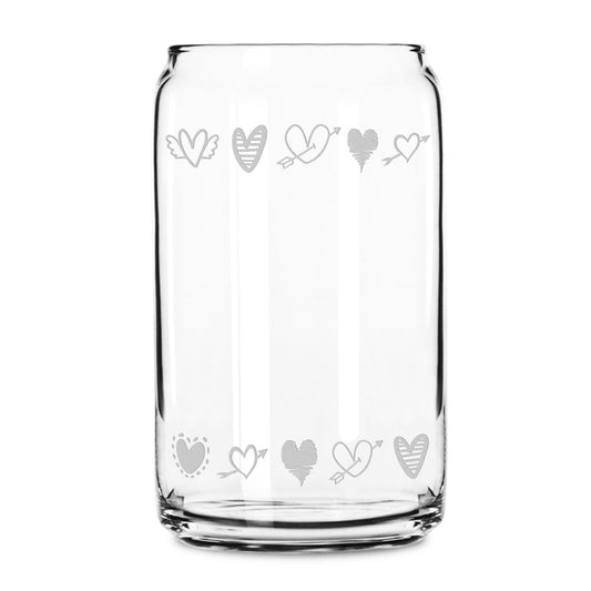 Premium Beer Can Coffee Glass, Heart Bands, 16oz, Laser Etched or Hand Etched