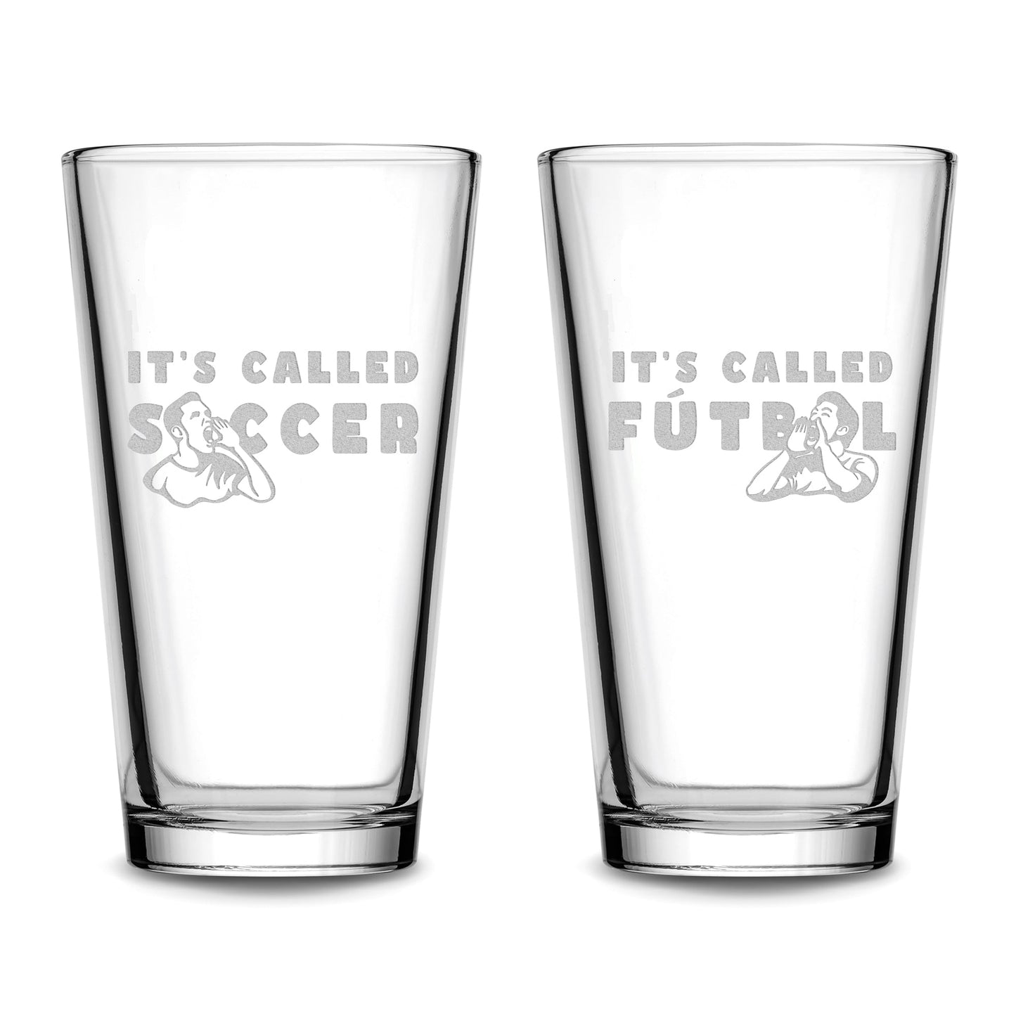 Premium Beer Pint Glasses, It's Called Soccer, Set of 2, Laser Etched or Hand Etched