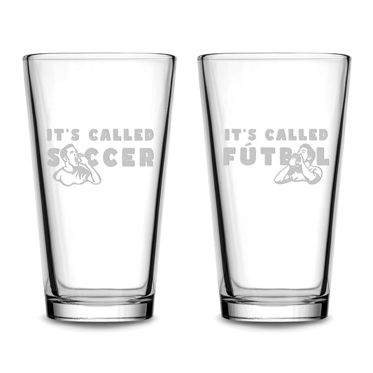 Premium Beer Pint Glasses, It's Called Soccer, Set of 2, Laser Etched or Hand Etched