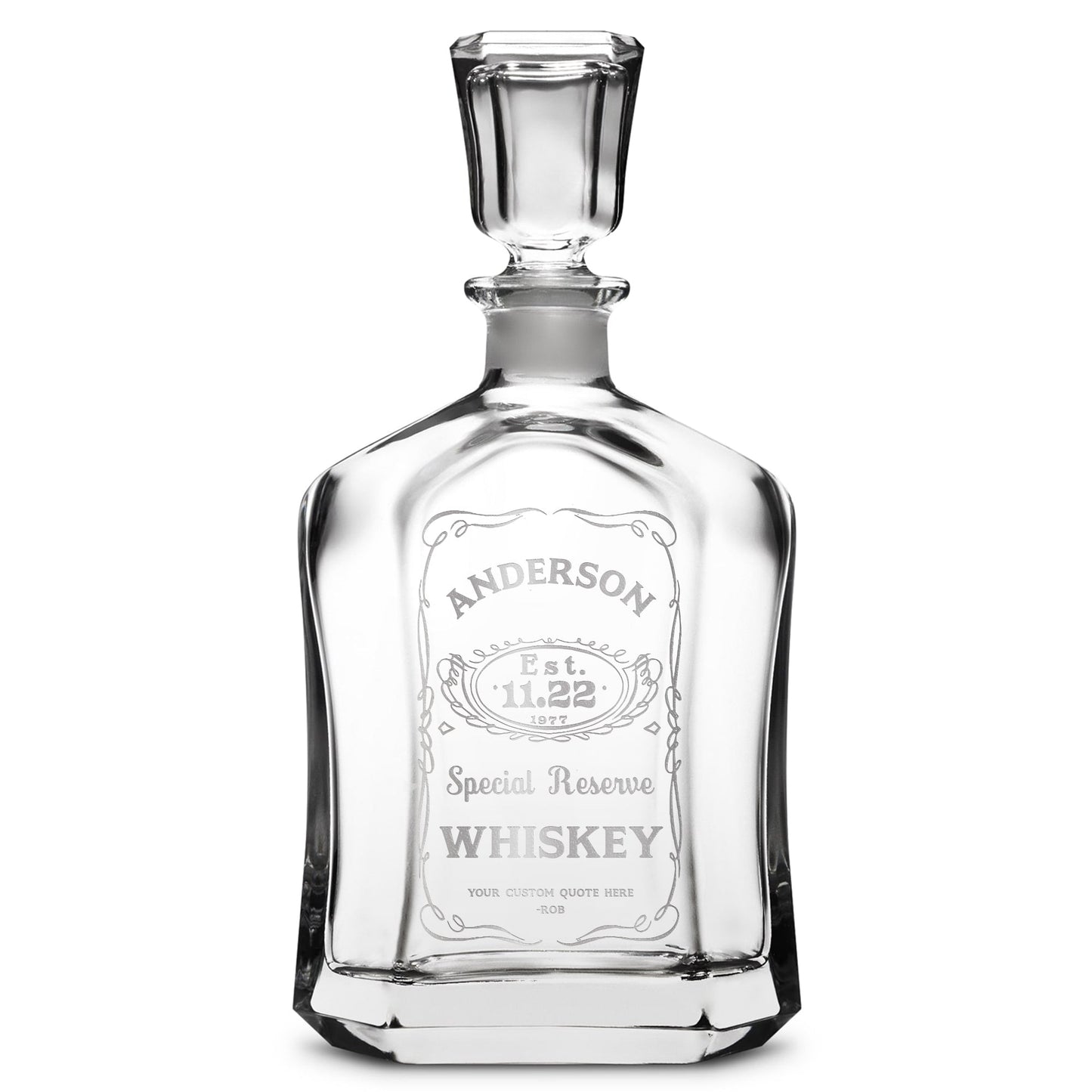 Customizable Jack Daniel's, Premium Refillable Capital Style Liquor Bottle, Handmade, Handblown, Hand Etched Gifts, Sand Carved, 750ml, Laser Etched or Hand Etched