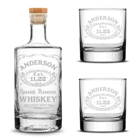Customizable, Premium Refillable Jersey Style Liquor Decanter and (Set of 2) Premium Whiskey Glasses, Handmade, Handblown, Hand Etched Gifts, Sand Carved, 750ml, Laser Etched or Hand Etched