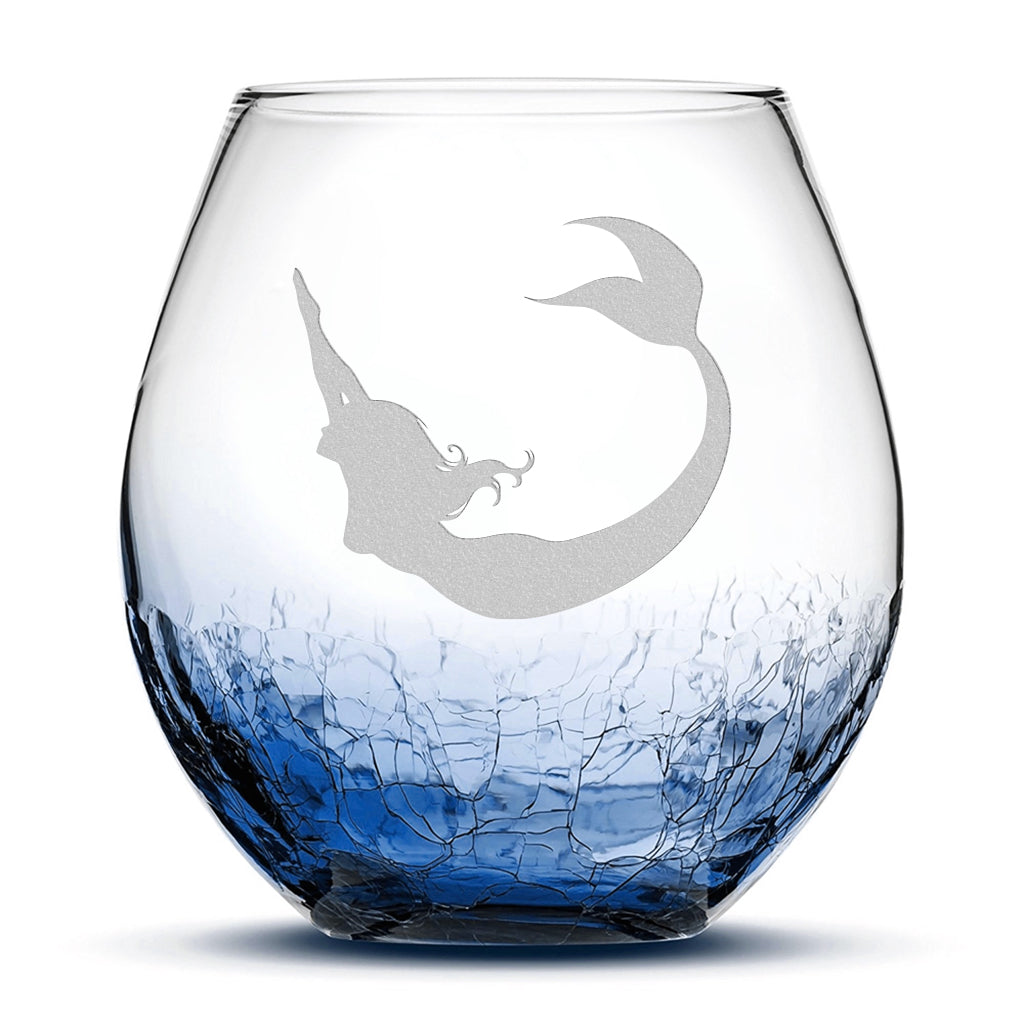 Crackle Wine Glass, Mermaid 3 Design, Laser Etched or Hand Etched, 18oz