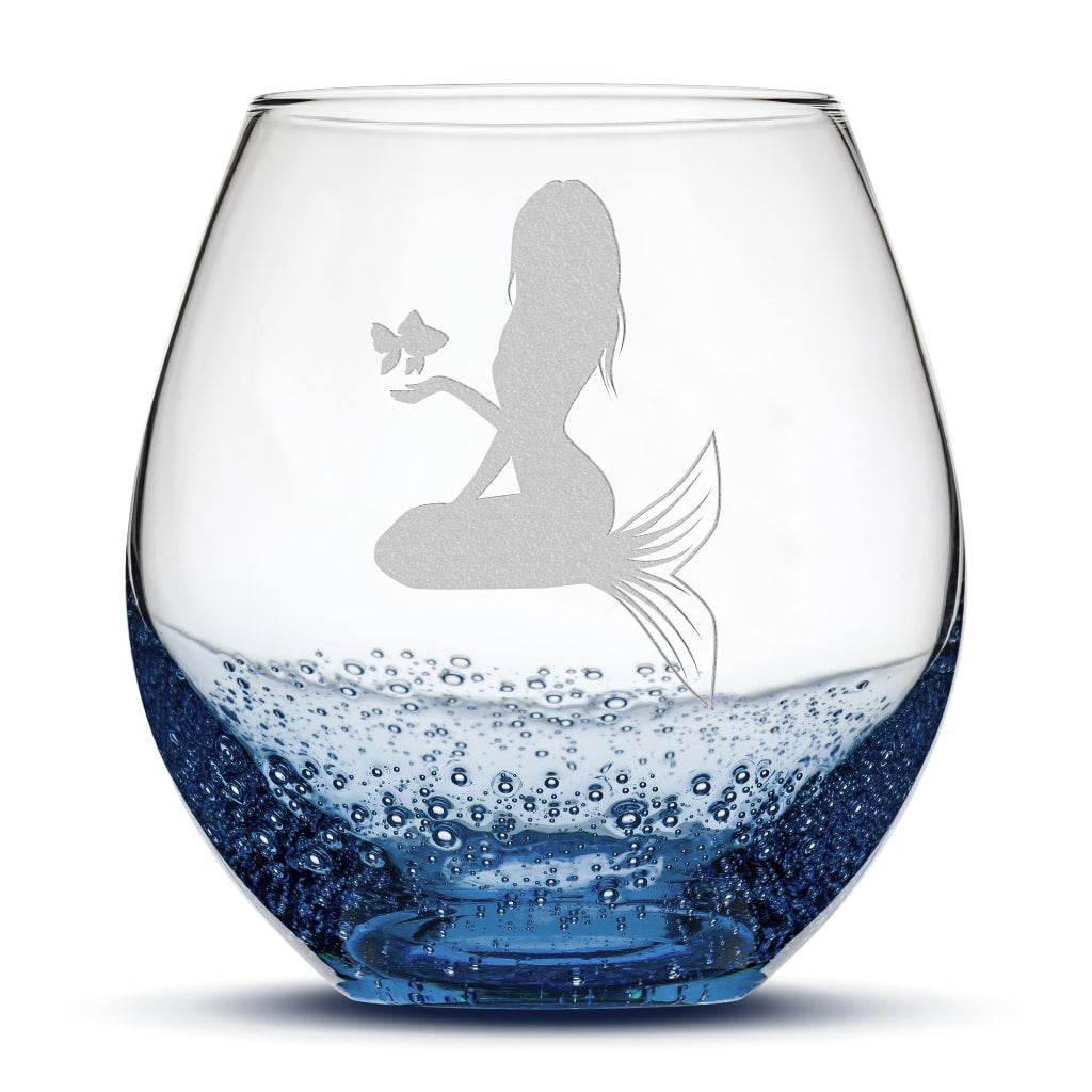 Bubble Wine Glass, Mermaid 5 Design, Laser Etched or Hand Etched, 18oz