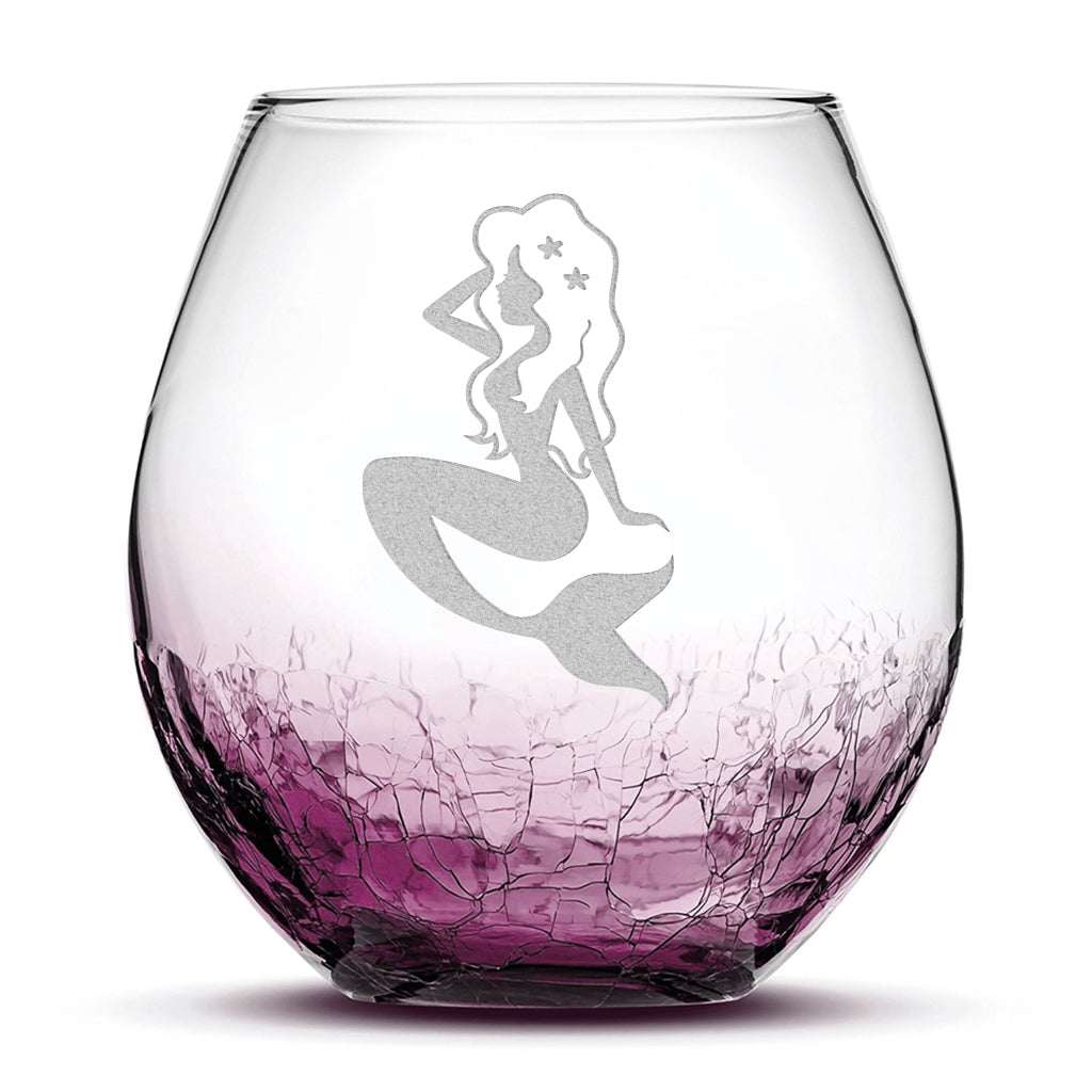 Crackle Wine Glass, Mermaid Design, Laser Etched or Hand Etched, 18oz