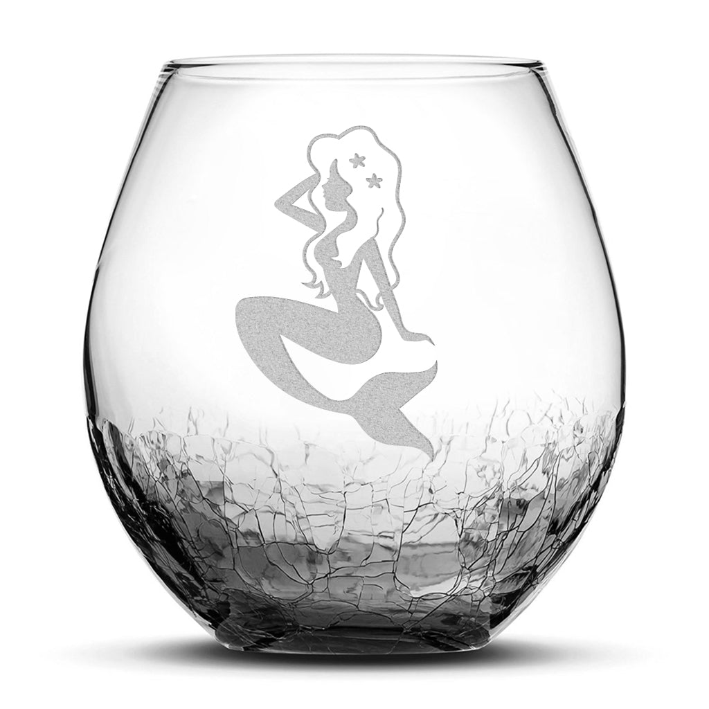 Crackle Wine Glass, Mermaid Design, Laser Etched or Hand Etched, 18oz