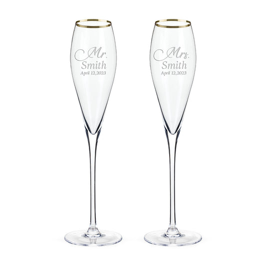 Customizable Mr. & Mrs. Smith, Premium Gold Rimmed Champagne Flute, (Set of 2) Handmade, Handblown, Hand Etched Gifts, Sand Carved, 6oz, Laser Etched or Hand Etched