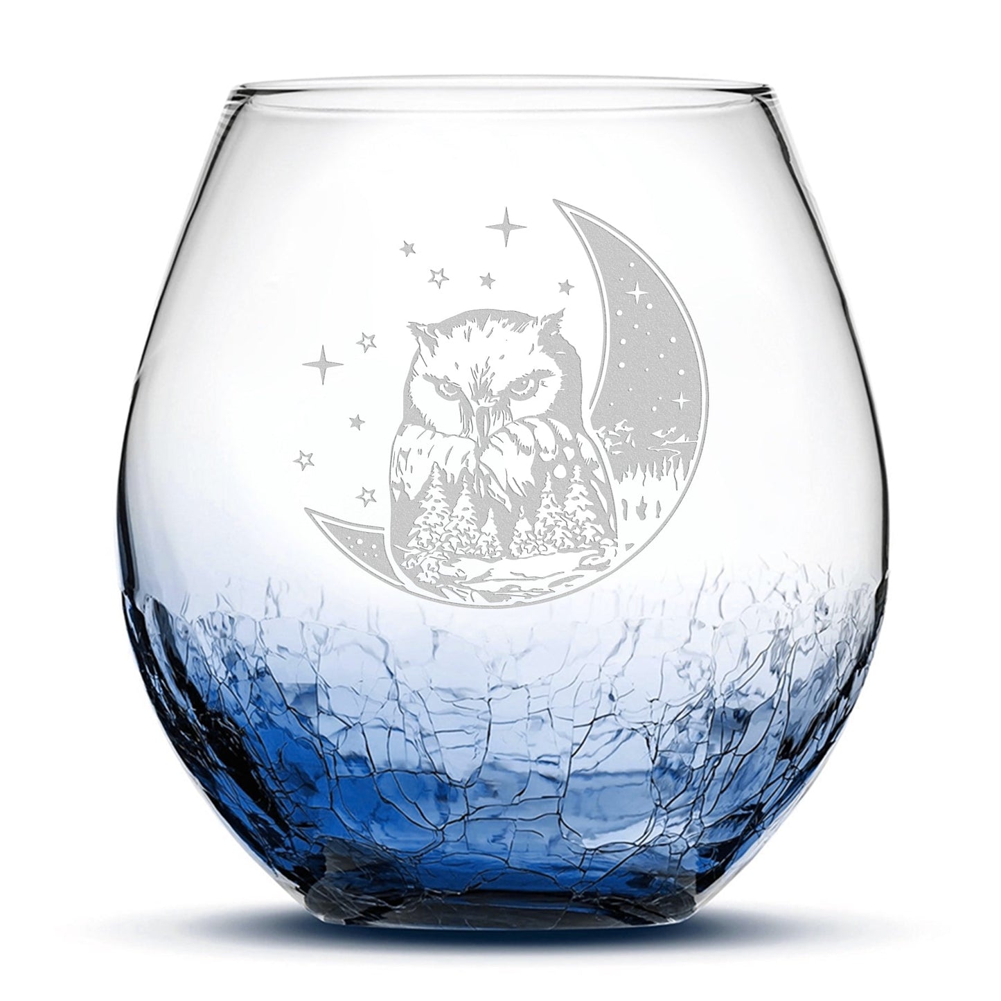 Crackle Wine Glass, Owl & Moon Design, Laser Etched or Hand Etched, 18oz