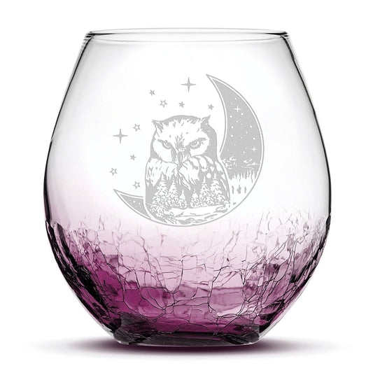 Crackle Wine Glass, Owl & Moon Design, Laser Etched or Hand Etched, 18oz
