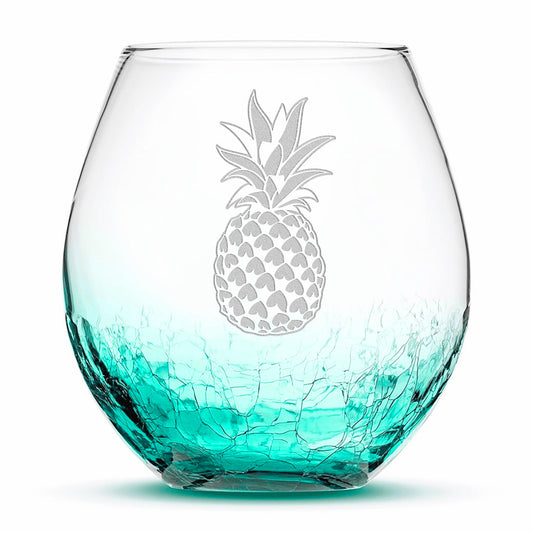 Crackle Wine Glass, Pineapple Design, Laser Etched or Hand Etched, 18oz