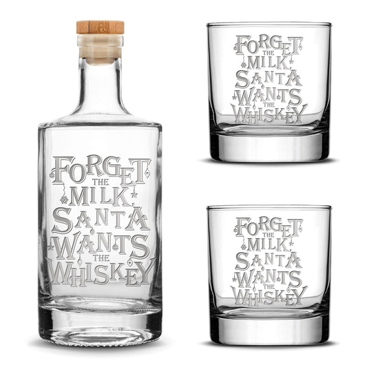 Santa Wants The Whiskey Jersey Bottle Set with 2 Christmas Whiskey Glasses, Laser Etched or Hand Etched