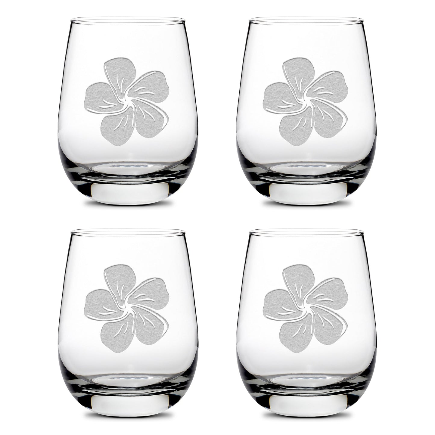 Integrity Bottles, Premium Stemless Wine Glasses, Single Plumeria, Set of 4, Laser Etched or Hand Etched