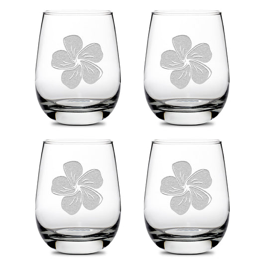 Integrity Bottles, Premium Stemless Wine Glasses, Single Plumeria, Set of 4, Laser Etched or Hand Etched