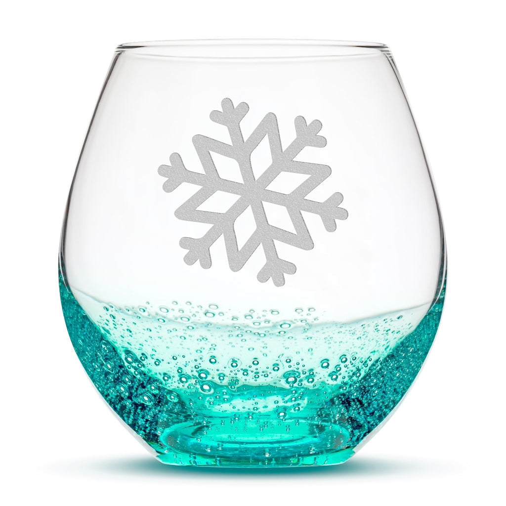 Bubble Wine Glass, Single Snowflake, Laser Etched or Hand Etched, 18oz