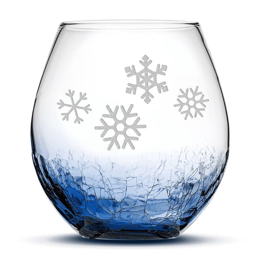 Crackle Wine Glass, 4 Snowflakes, Laser Etched or Hand Etched, 18oz
