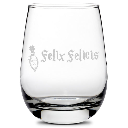 Integrity Bottles, Premium Harry Potter, Felix Felicis, Stemless Wine Glass, Handmade, Sand Carved, 16oz, Laser Etched or Hand Etched