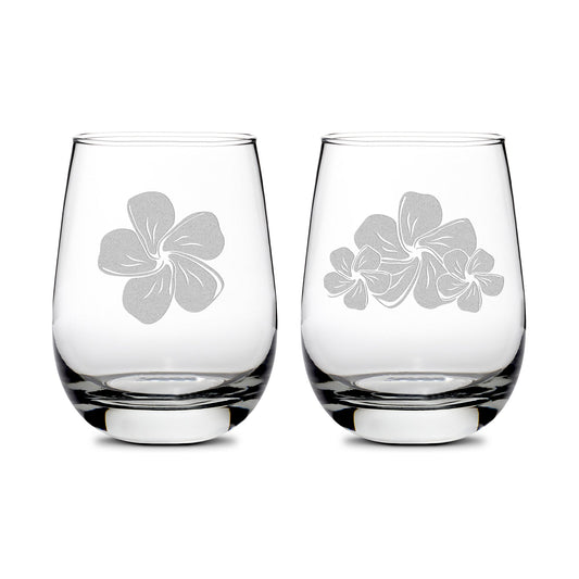 Premium Wine Glasses, Plumerias, 16oz (Set of 2), Laser Etched or Hand Etched