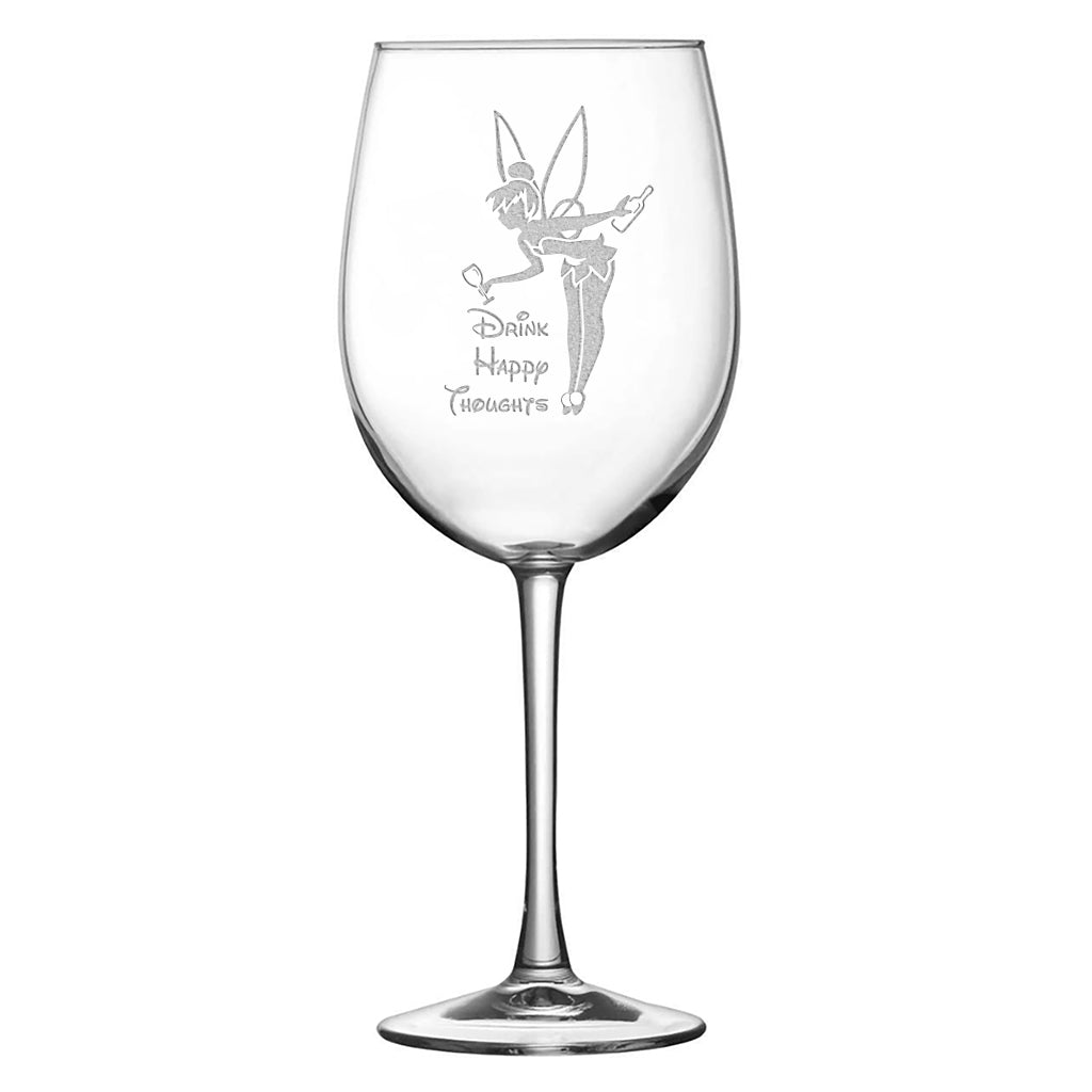 Stemmed Tulip Wine Glass, Drink Happy Thoughts, 16oz, Laser Etched or Hand Etched