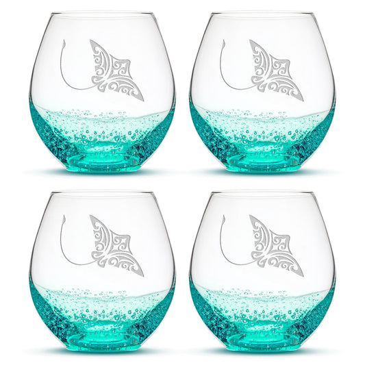 Bubble Wine Glasses with Tribal Stingray, Set of 4, Laser Etched or Hand Etched