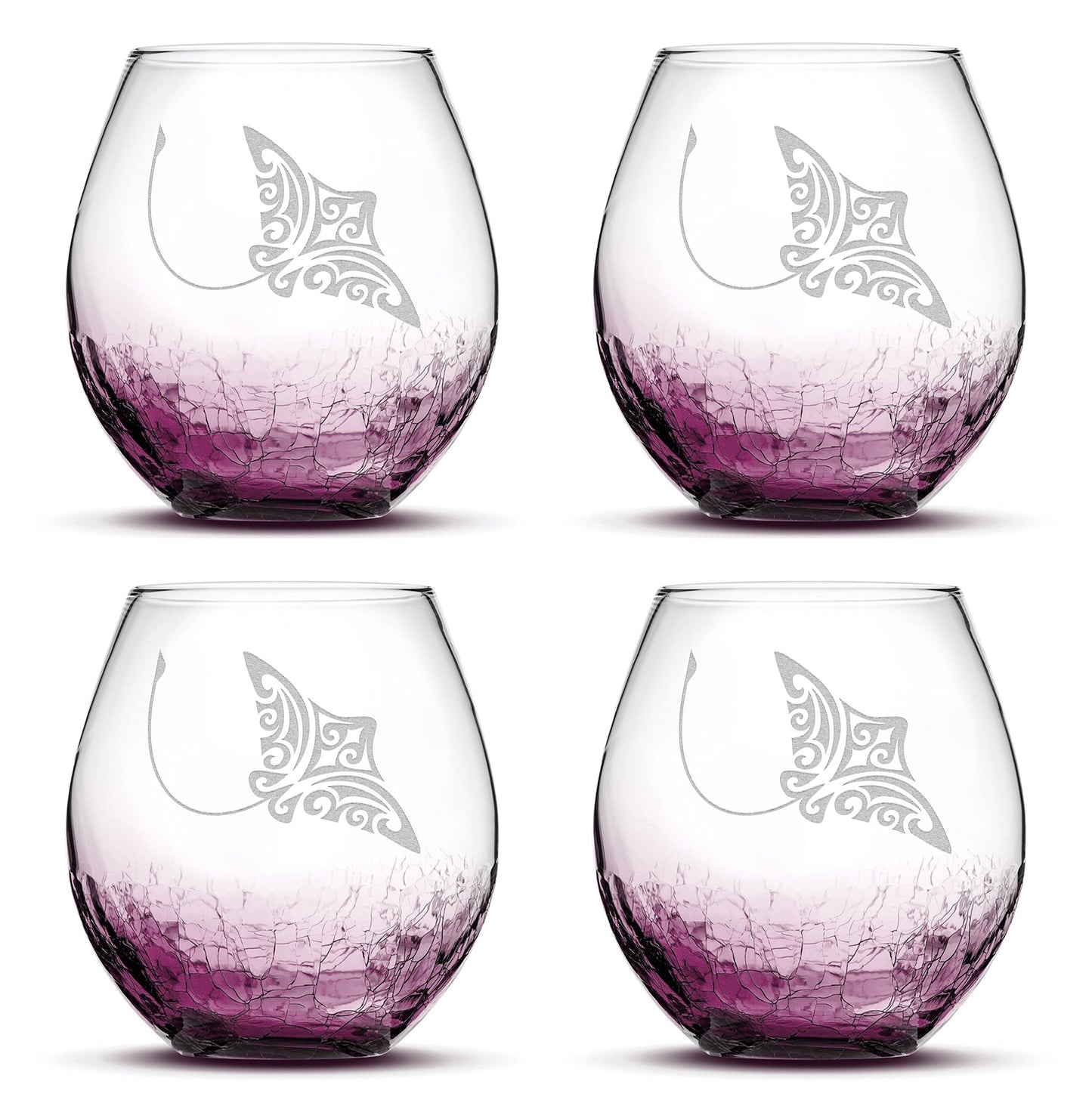 Crackle Wine Glasses with Tribal Stingray, Set of 4, Laser Etched or Hand Etched